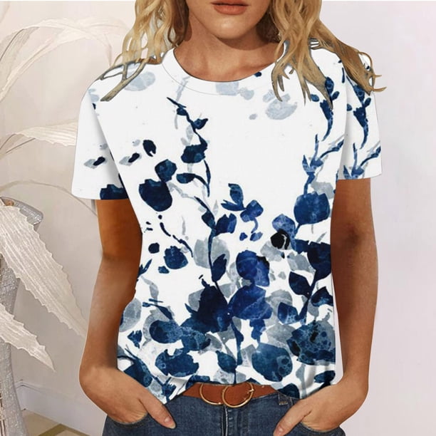 ICHUANYI Clearance Women Fashion Summer Casual Print Round Neck Loose Short Sleeve T-shirt Top Blouse Pullover(White, S) ICHUANYI WER2023080901491