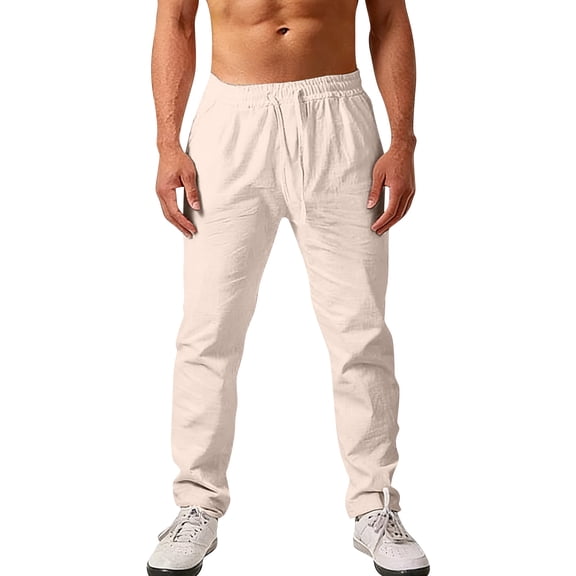 Zimjoy Men's Cotton Linen Pants Taper Slim Fit Straight Leg Sports Pants Drawstring Elastic Casual Trousers with Pockets,Beige L