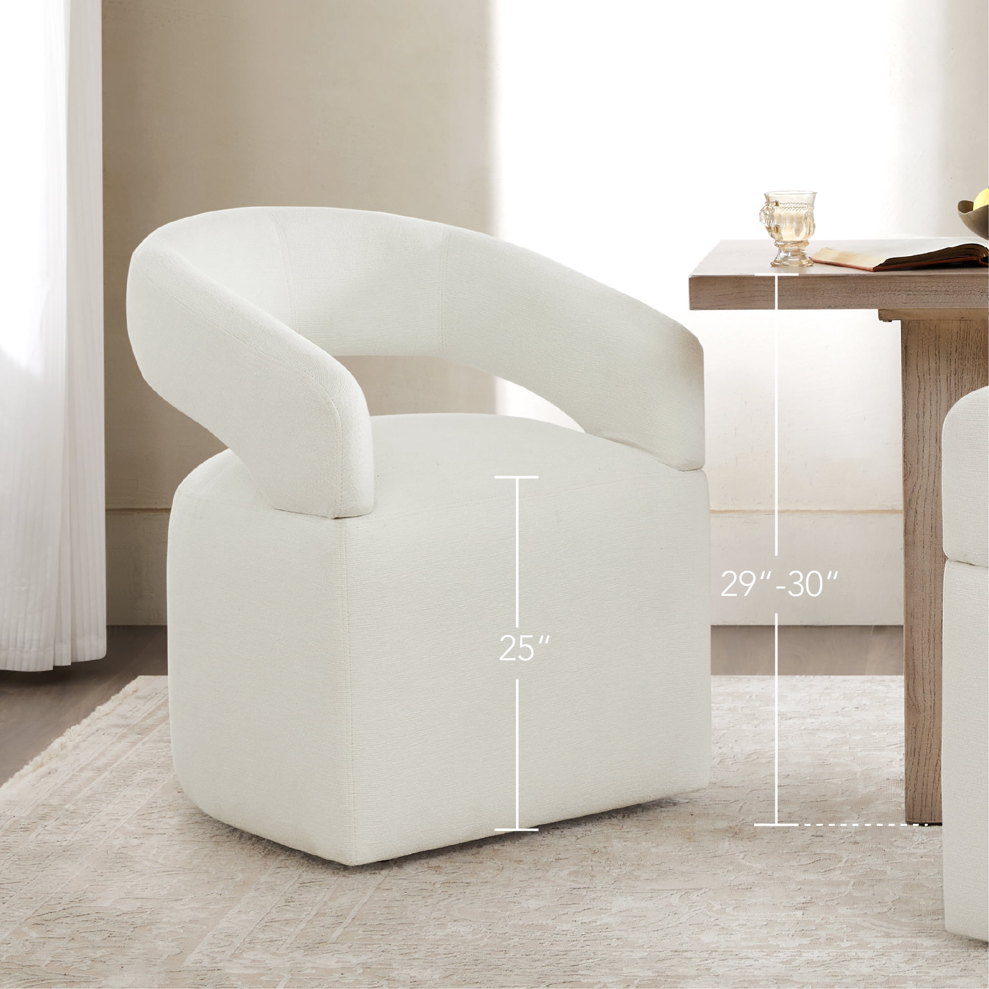 Spruce & Spring Upholstered Dining Chair with Open Back and Hidden Casters, Single, Ivory