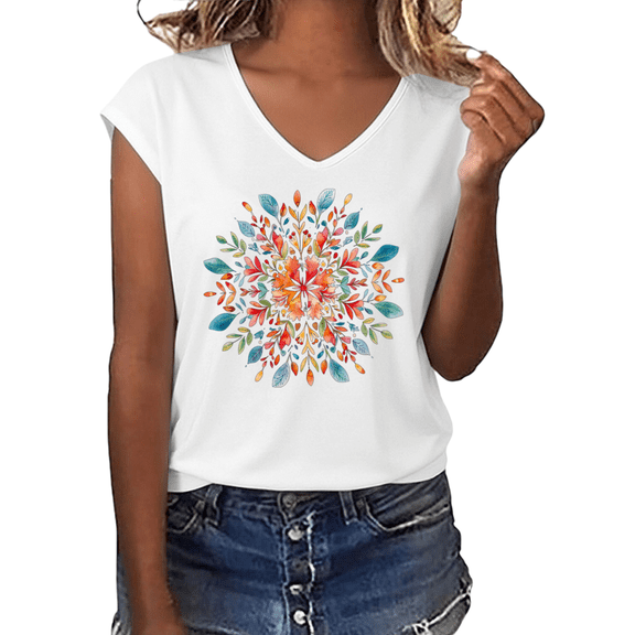 UNISHE Women's Watercolor Colorful Floral Mandala Graphic V-Neck Sleeveless T-Shirt Boho Summer Casual Tank Top