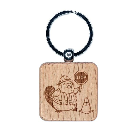 Construction Worker Beaver Builder with Stop Sign Square Keychain Charm Tag - Engraved Wood