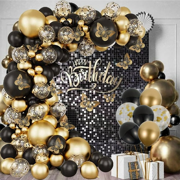 136pcs Parti Ballons Assortis Réutilisables en Latex Noir et Or Ballons 5-18 Pouces Arc Guirlande Décorations Kit fo
