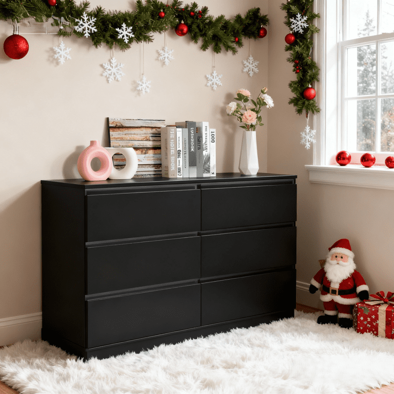 double black dresser Aunfebrco Black Double Dresser with 6 Drawers for Bedroom, Wide Chest of Drawers Storage Tower with Shelves for Living Room