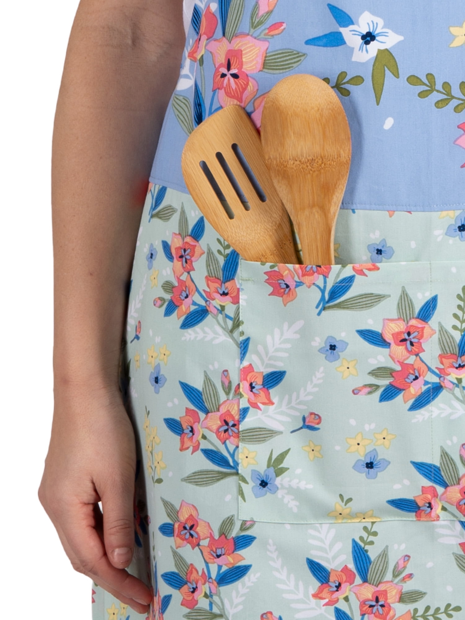 Mainstays Chef Kitchen Apron, 28" x 32" Floral Cotton Bib Apron with Pockets for Cooking, Baking, Gardening in Mint