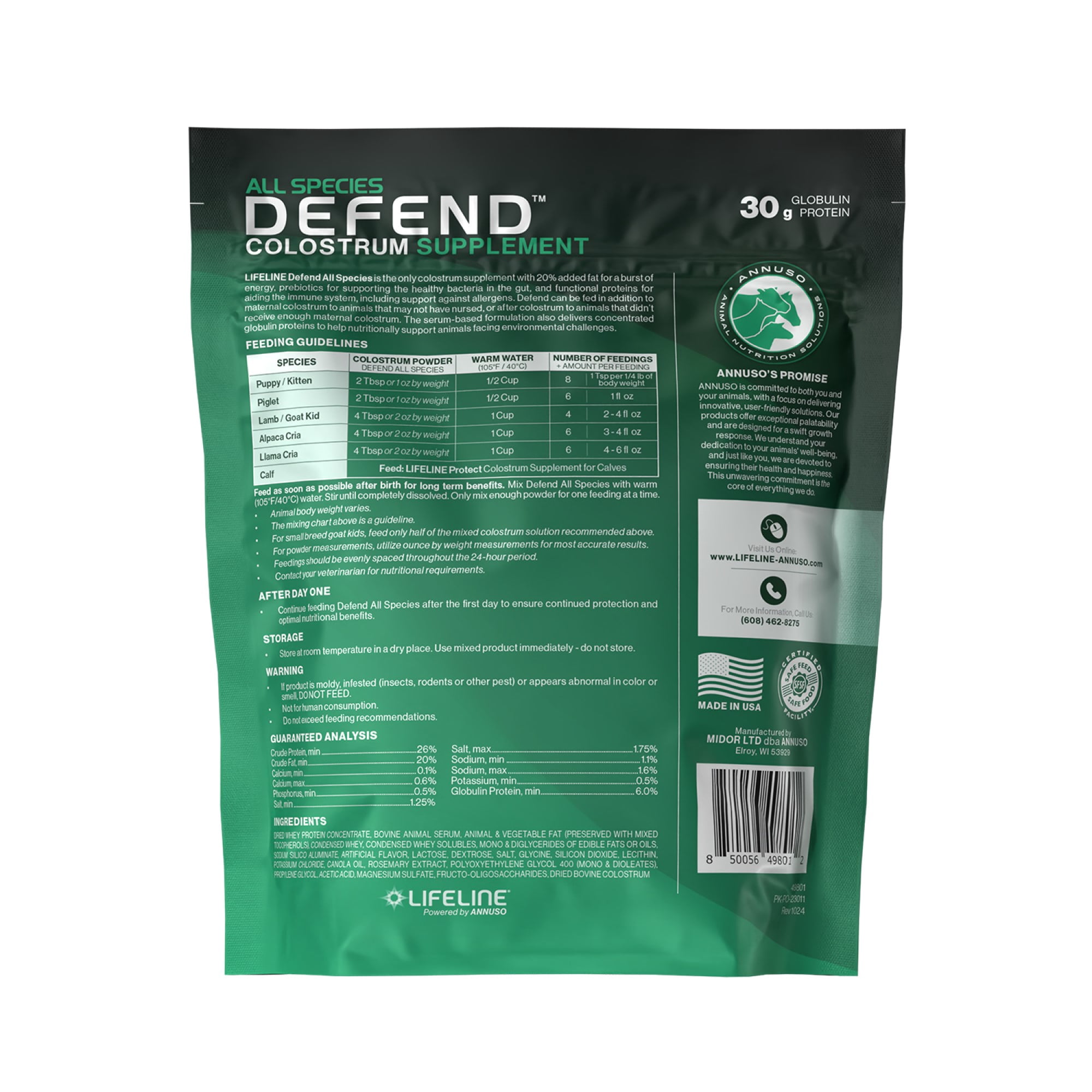 ANNUSO LIFELINE Defend All Species Colostrum Supplement, 1lb Bag - 30g Globulin Protein - Prebiotics, Immune & Gut Support - For Lambs, Kids, Piglets, Puppies, Kittens - Easy Mix Serum-Based Formula
