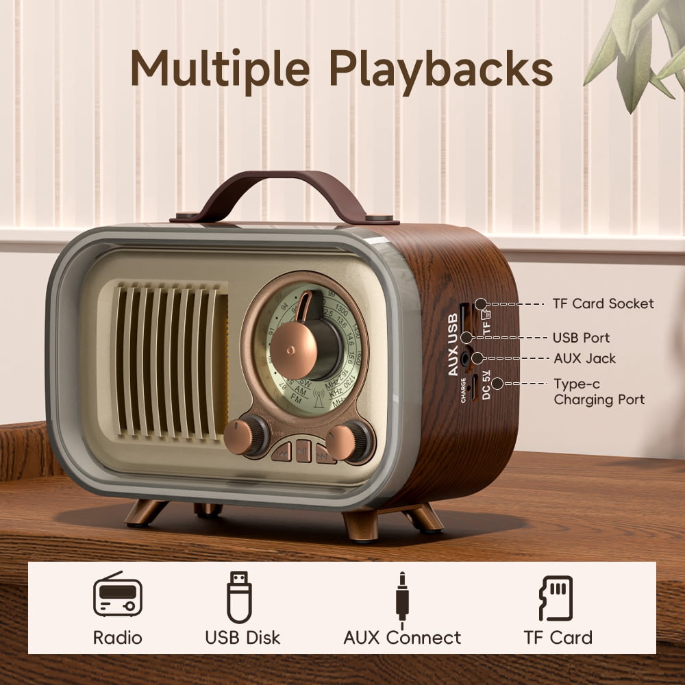 UMUTOO MG007 Vintage Retro Radio, Portable AM/FM/SW Radios with Bluetooth, USB/TF/AUX, 2000mAh Rechargeable Classic Wood Grain Design for Home, Outdoor Use