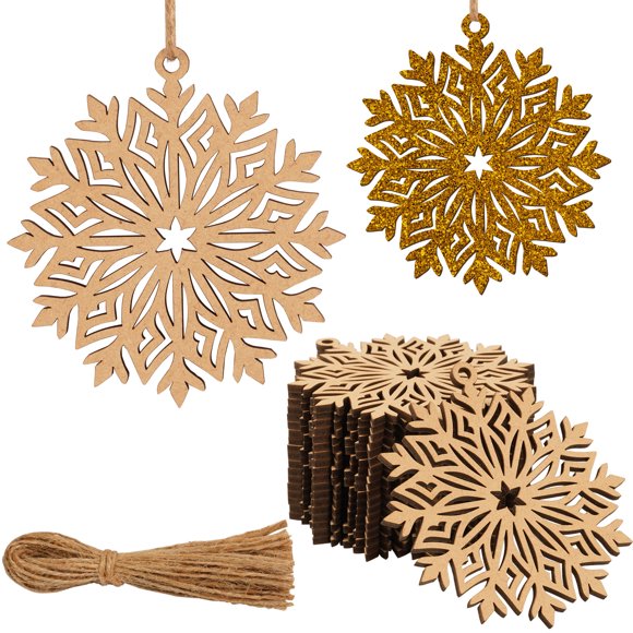 Inkdotpot 40pcs Snowflakes Wooden Ornament with Holes 3.5" Unfinished Predrilled Natural Wood Slices for Crafts Wooden DIY Christmas Ornaments Hanging Ropes Included