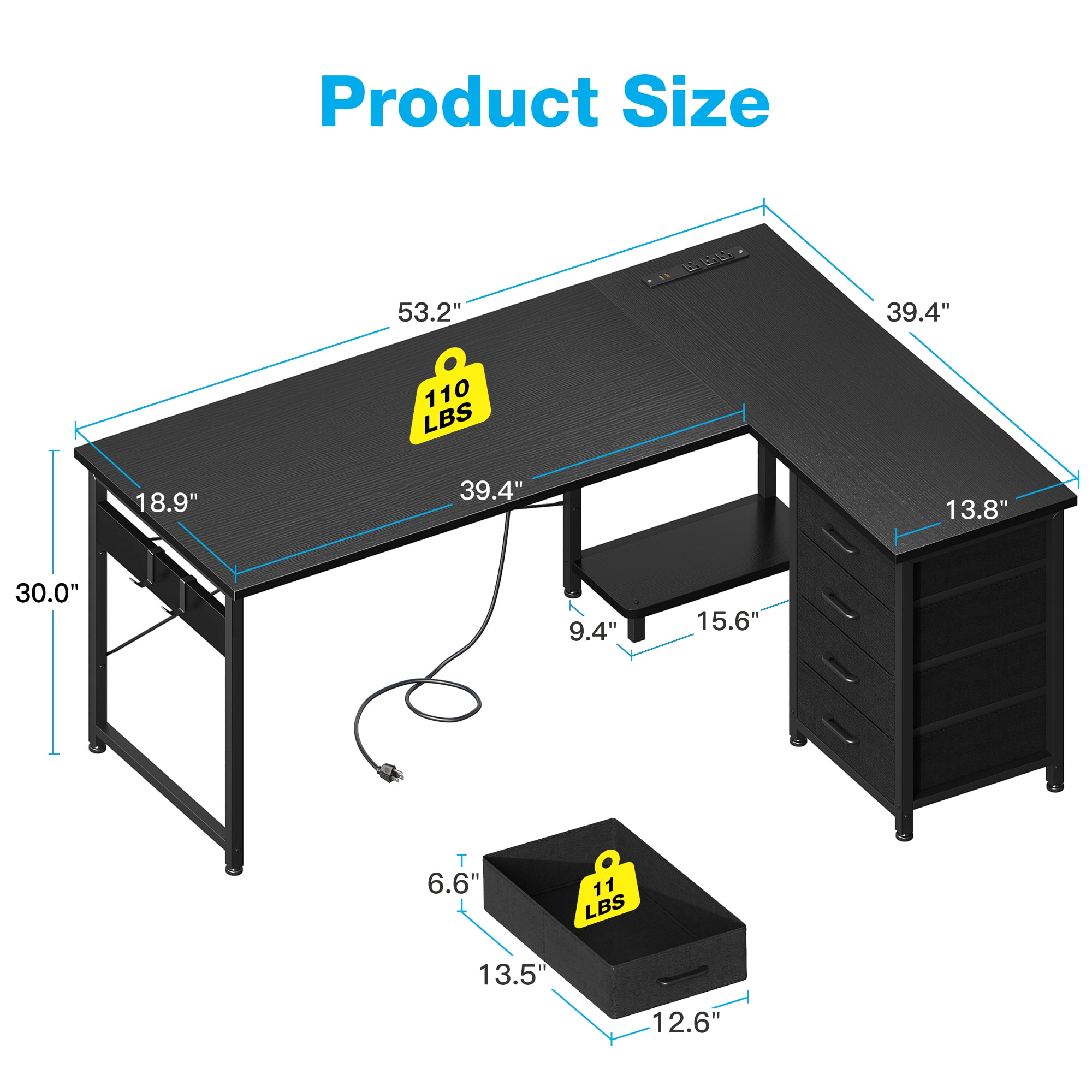 Casacomoda L Shaped Computer Desk with Charging Station, 53 inch PC Table Study Desk 4 Tier Drawers, Modern Simple Style Laptop Desk for Bedroom, Black