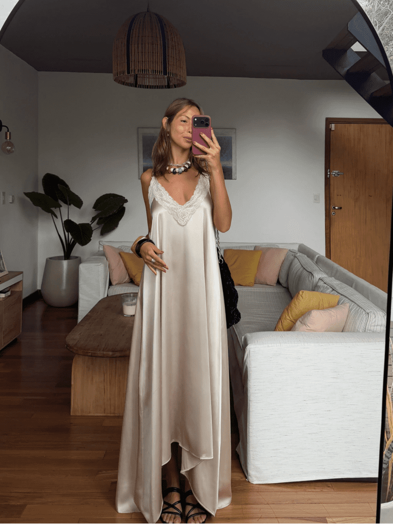 Ivory Satin Lace-Trimmed V-Neck Spaghetti Strap Backless Maxi Slip Dress High-Low Flowy Loungewear