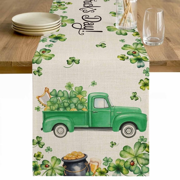 St. Patrick's Day Table Runner - 60 Inch Long Green Truck Lucky Shamrocks Flags Retro Cotton and Linen Blended Dress Scarves Farmhouse Table Runner for Kitchen Dining, Coffee Table, 13" x 60"