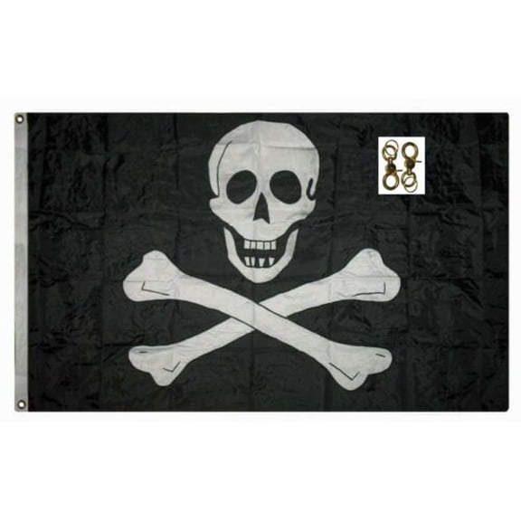 2x3 Embroidered Jolly Roger Edward England Pirate 300D Nylon 2ply Flag 2 clips