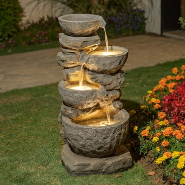 Glitzhome  32"H  LED Polyresin Cascading Tiered Stone Bowls Fountain Outdoor