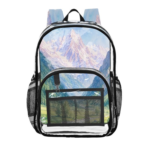 PVC Transparent Backpacks Clear Backpack for Travel and Outings Watercolor Mountain Valley Pattern