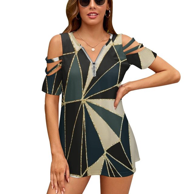 New Art Geometry-Emerald Green & Gold Ruffle Short Sleeve T-Shirt Women's V Neck Print T Shirt Tops Abstract Pattern Art