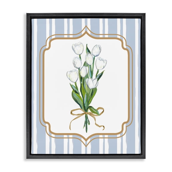 White Tulip Bouquet & Stripes Black Framed Floater Canvas Wall Art, design by Adonna Ebrahimi