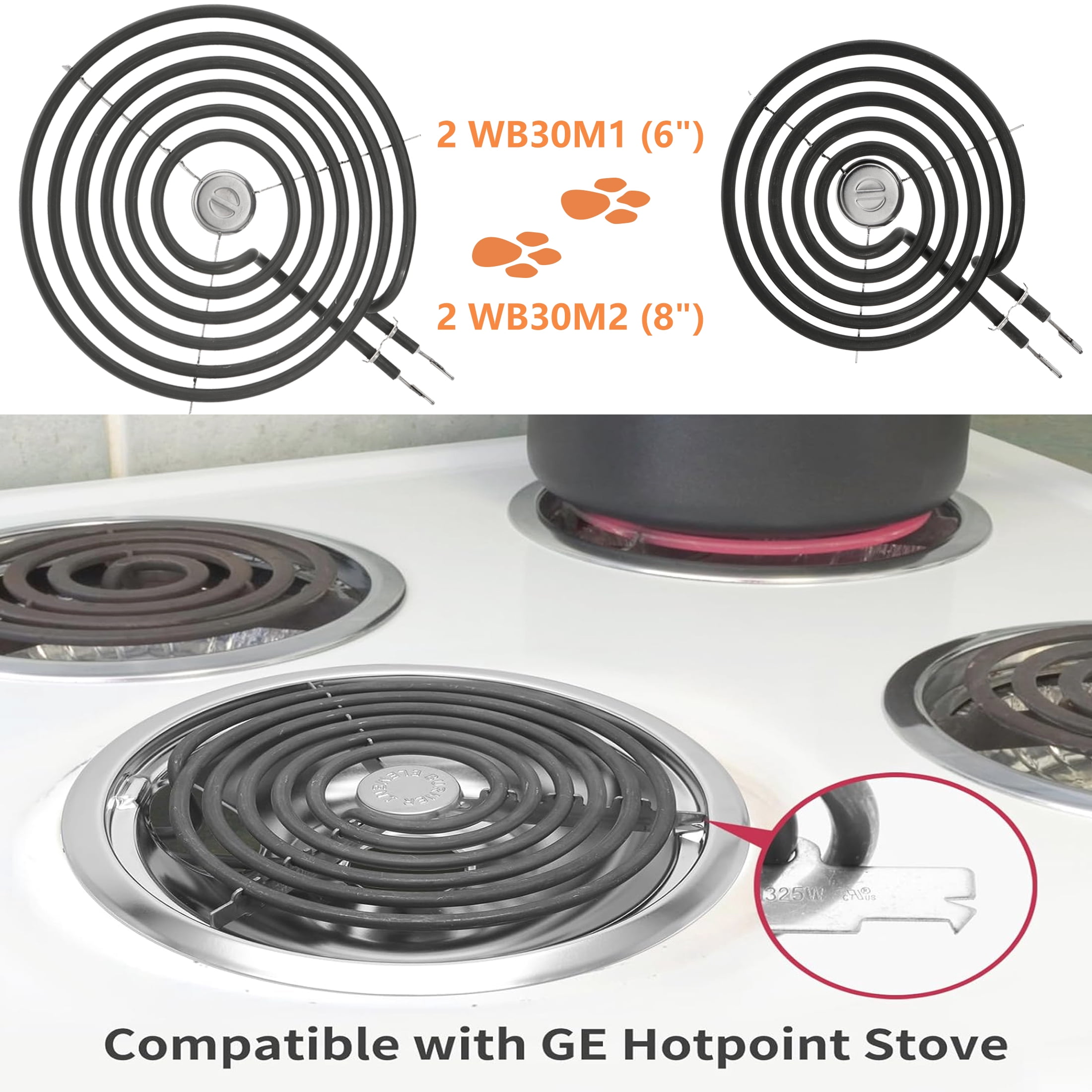 WB30M1 and WB30M2 Electric Stove Burner Element Replacement Compatible with GE Hotpoint Electric Range Stove - 2 * 8" and 2 * 6"