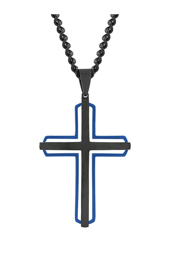 Men's Stainless Steel Black & Blue Stacked Cross Pendant Necklace