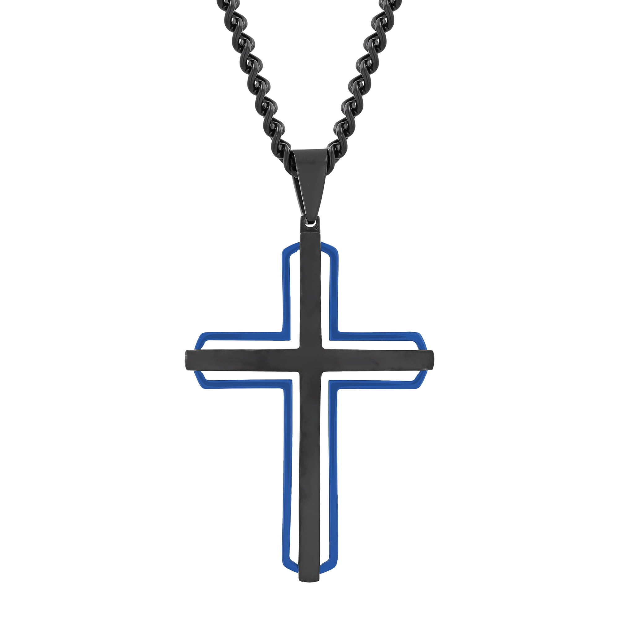 Believe by Brilliance Men's Stainless Steel Black & Blue Stacked Cross Pendant Necklace