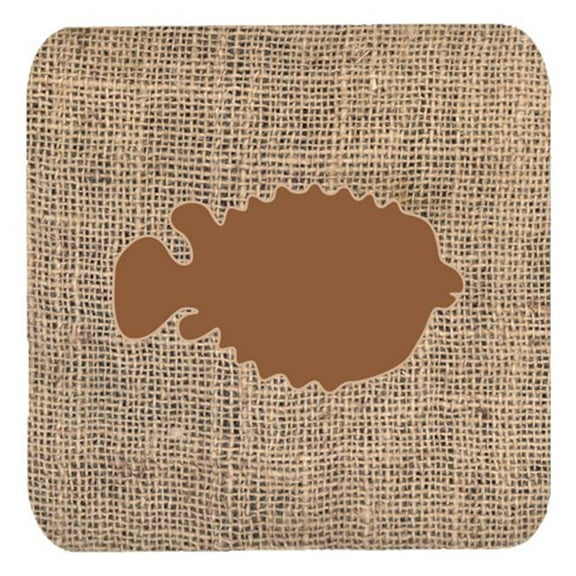 Fish - Blowfish Burlap And Brown Foam Coasters, Set Of 4