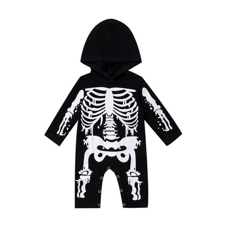 

Bagilaanoe Newborn Baby Halloween Jumpsuit Skull Skeleton Print Long Sleeve Bodysuit 3M 6M 12M 18M 24M Infant One Piece Hooded Romper