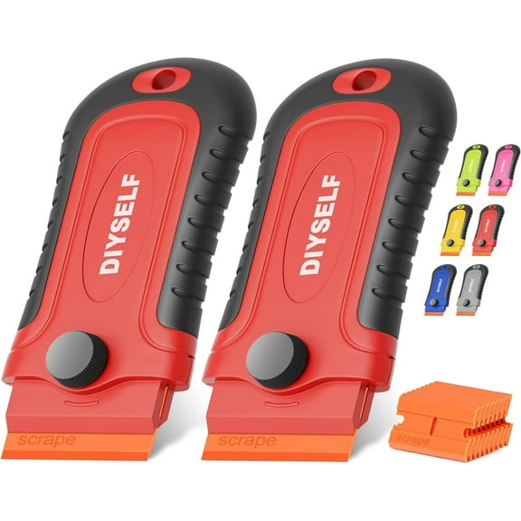 2PCS Plastic Razor Blade Scraper with 10PCS Blades, Non Scratch Plastic Scraper Tool for Adhesive Remover, Sticker, Decal, Labels, Paint, Plastic Blade Scraper for Windows, Car, Glass (Red)
