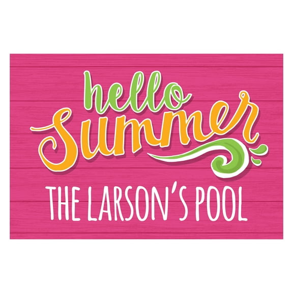 Personalized Planet 27x18 Hello Summer Doormat with Custom Personalization Printed on Pink Rectangular 1/8” Thick Non Slip Mat for Kitchen Hallway Deck or Porch