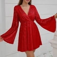 thumbnail image 4 of BONIXOOM Sexy Dresses for Women Date Night Multi-theme Party V-Neck Tab Long Sleeve Sequin Jacket Solid Red Dresses, 4 of 7