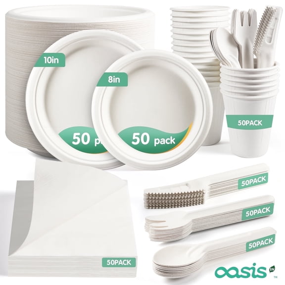 OasisSN 10in & 8in Paper Plates,350 Pieces for 50 Guest, Sugarcane Fibers Disposable Paper Dish Set, Eco Friendly Paper Plates, Cups,Spoons, Forks,Napkins and Knives for Party, Camping, Picnic