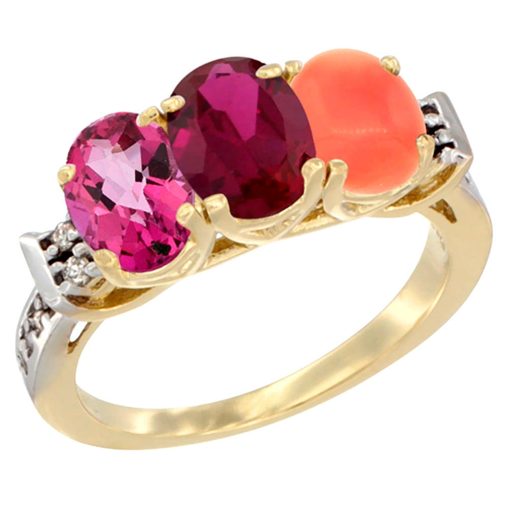 14K Yellow Gold Natural Pink Topaz, Enhanced Ruby & Natural Coral Ring 3-Stone Oval 7x5 mm Diamond Accent, sizes 5 10 by WorldJewels
