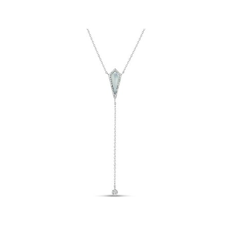 Mother Of Pearl Teardrop Necklace Mother Of Pearl and White Cubic Zirconia Sterling Silver Rhodium Plated Rhombus Triangle Y Necklace, 18