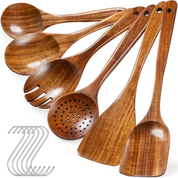 Kisportee Wooden Cooking Utensil Set, 6 Pcs Teak Wooden Spoons for Cooking, Heat Resistant Kitchen Utensils Set with 6 Pcs Hooks for Nonstick Pots