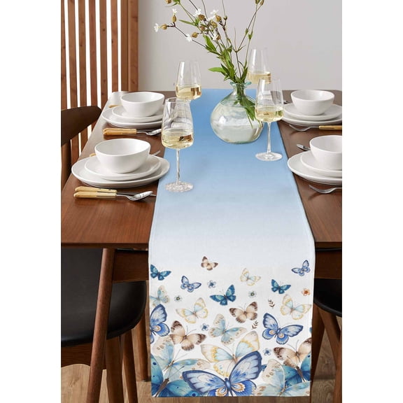 Watercolor Butterfly Animal Table Runner 13x70in Non-Slip Cotton Linen Table Runners, Blue Gradient Dresser Scarves TableRunner for Dinner Kitchen Dining Wedding Party