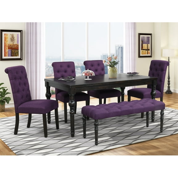 Roundhill Furniture Leviton Urban Style Dining Set, 30'' Height Table with 4 Chairs and Bench, Purple