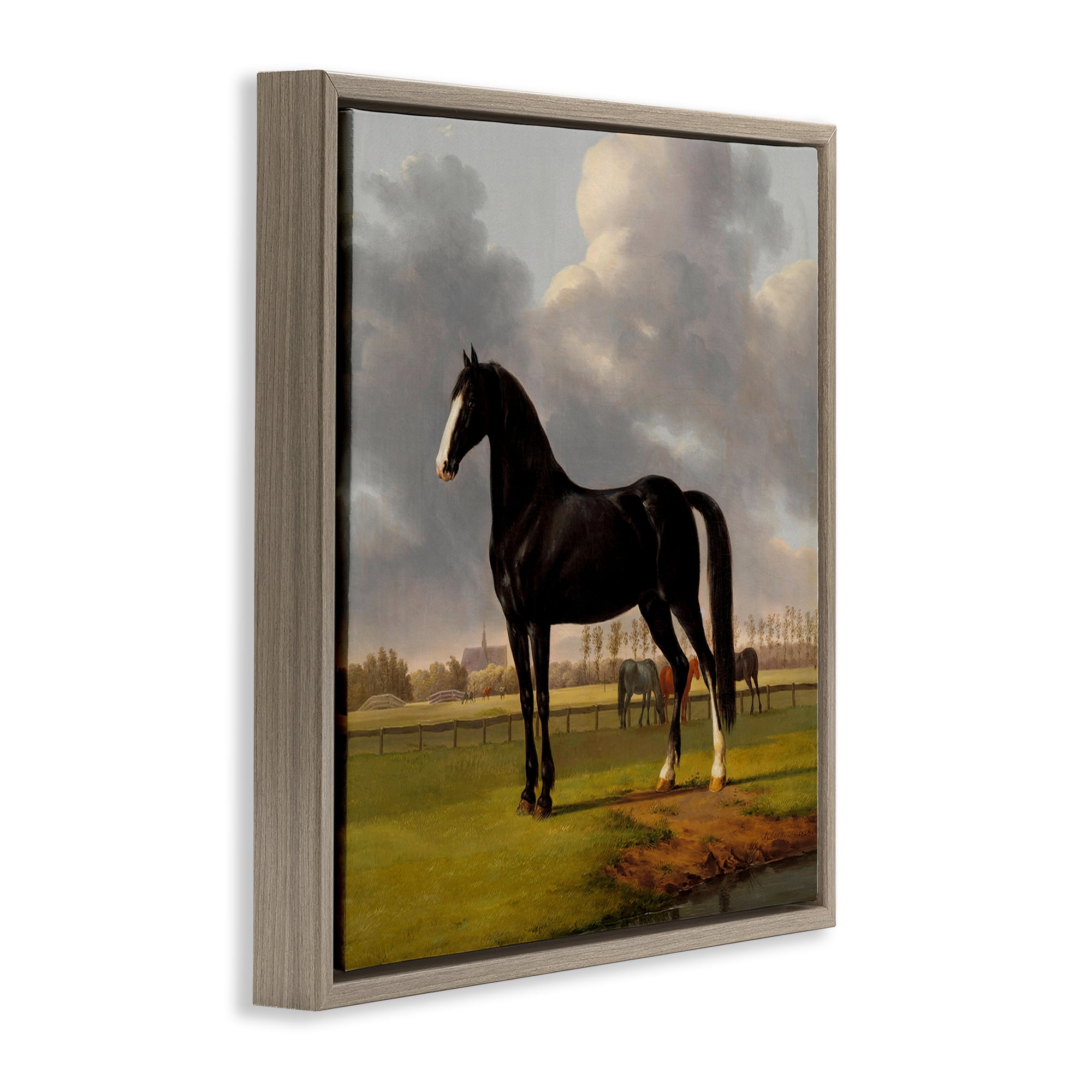 Stupell Industries Classic Black Stallion Animals Painting Brown Floater Framed Canvas Art Print Wall Art, 18 x 18