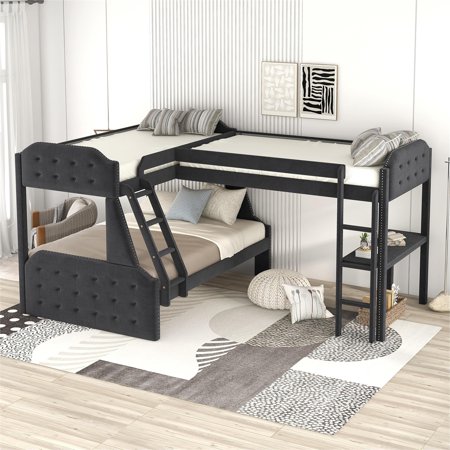 Modern L-Shaped Triple Bed  Velvet Upholstered Twin Over Full Bunk Bed and Twin Size Loft Bed with Built-in Desk  Safety Guardrails and Ladder  3 Beds in 1 Design Triple Bunk Bed Frame  Black