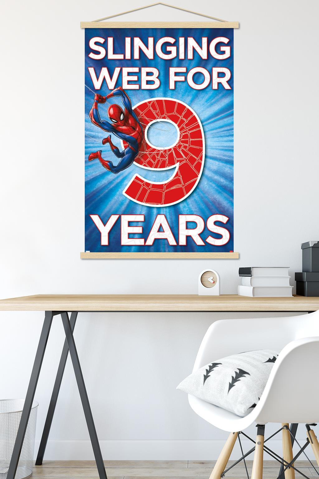 Marvel Spider-Man - Happy 9th Birthday Wall Poster with Wooden Magnetic Frame, 22.375" x 34"
