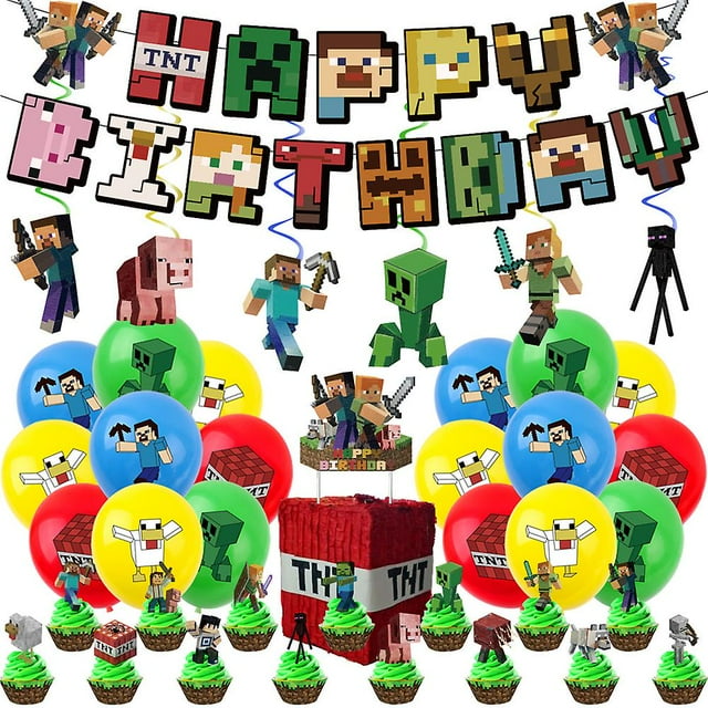 Juego de Minecraft, suministros de decoración para fiesta de cumpleaños, globos, pancarta, juego de adornos para tartas