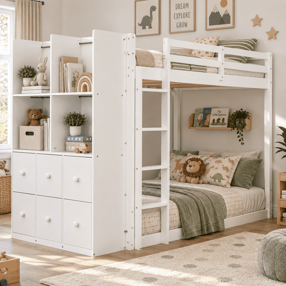 Twin Over Twin Bunk Bed with 6 Storage Drawers, 2-Tier Shelves & LED Light Strip, Reversible Wooden Bunk Bed Frame, Space-Saving Kids Bedroom Furniture