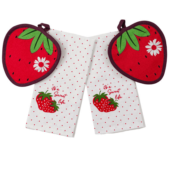 Serafina Home Kitchen Dish Towels and Pot Holders Set–Set of 4 100% Cotton Red Strawberry “It’s a Sweet Life” Design – Two Kitchen Towels (16"x26") Two Pot Holders (8"x8") for Cooking/Home Decor