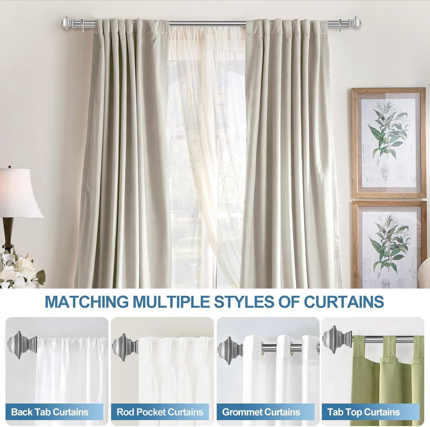Urbanest Adjustable Double Curtain Rod Set Pila Flat Button Finials – 1″ Front & 3/4″ Back Rod With Brushed Steel Rod, 84–120 Inches
