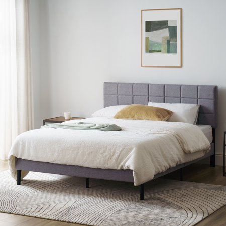 MAINSTAYS GRAY UPHOLSTERED SQUARE TUFTED PLATFORM BED, NO BOX SPRING NEEDED, QUEEN