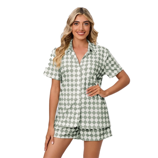 Conjunto de Pijama de Mujer Nikou Manga Corta Estampado a Cuadros Dos Piezas Gris Claro XL