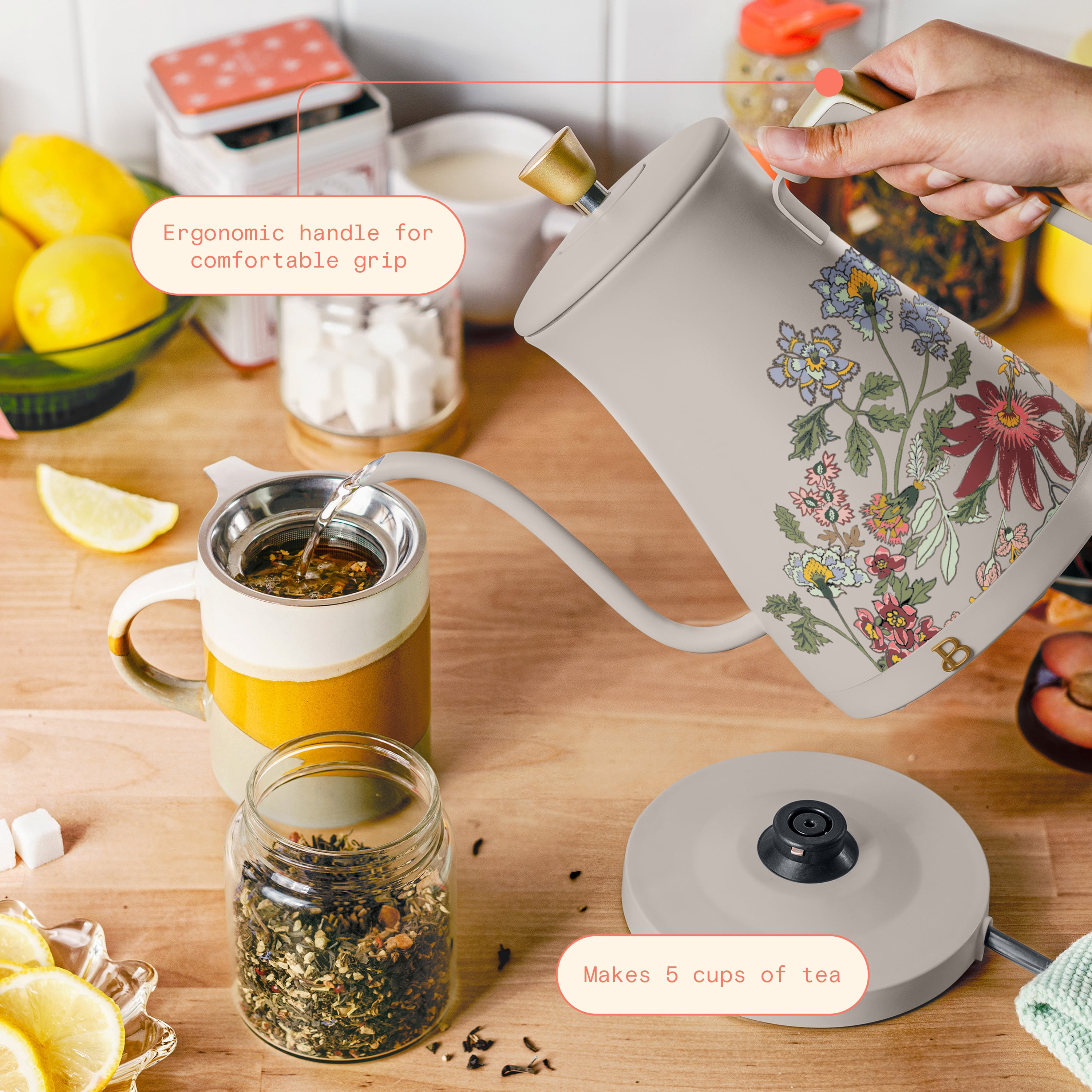 Beautiful 1-Liter Electric Gooseneck Kettle 1200 W, Wildflower Porcini Taupe by Drew Barrymore