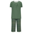 thumbnail image 4 of HUJlwoi Pleated Pajama Sets for Women 2025 Printed Capri Pants Sleepwear Short Sleeve Button down 2 Piece Lounge Pj Sets, 4 of 7