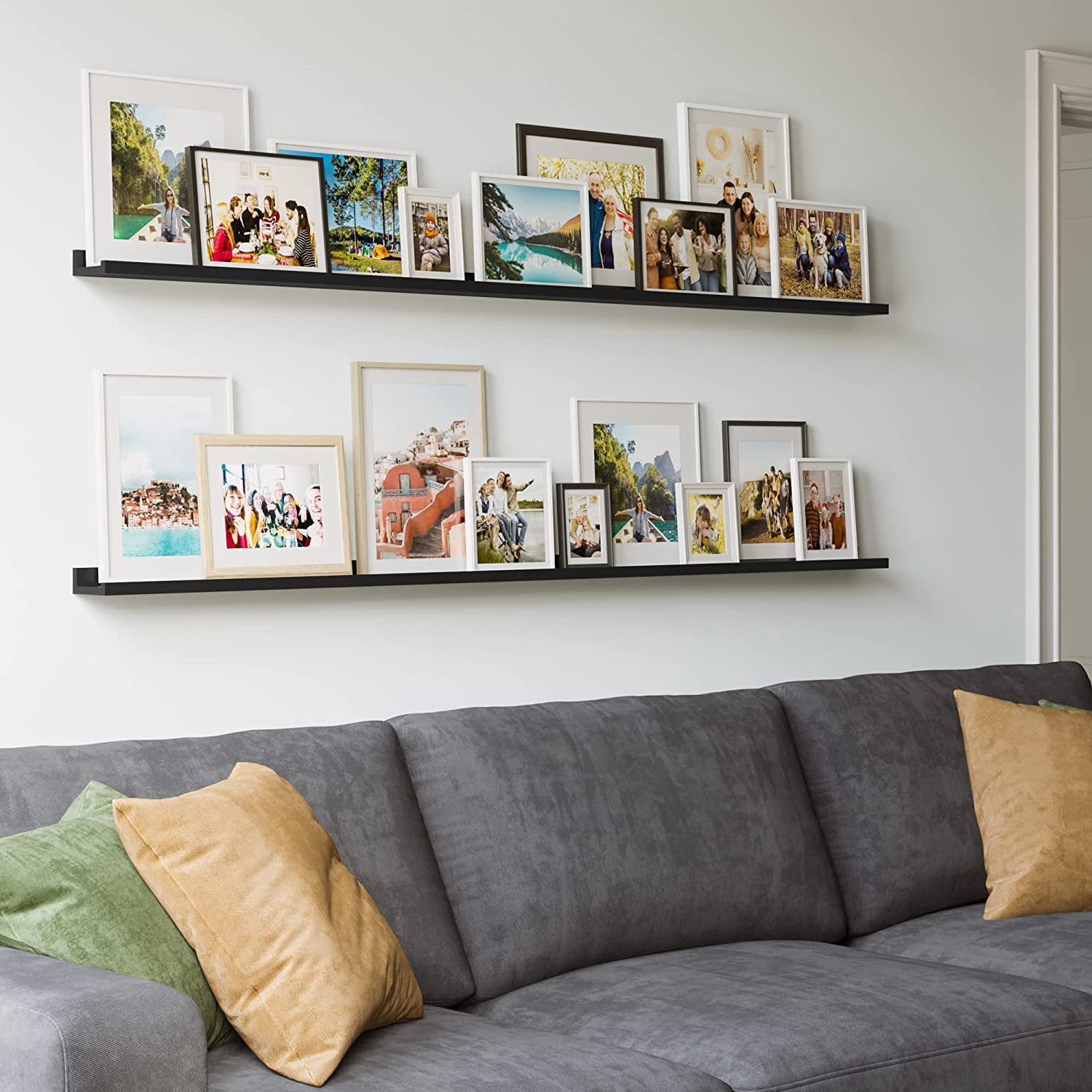 Wallniture Denver 72" Floating Shelves for Picture Frames Collage Wall Decor Picture Ledge Living Room, Vinyl Record Holder Black Set of 2