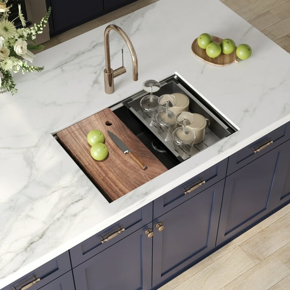 DeerValley 27x19 Inch Undermount Kitchen Sink Workstation - 18 Gauge Stainless Steel Single Bowl Sink, Handmade with Built-In Accessories, Ledge Design & Cutting Board, DV-1K0329