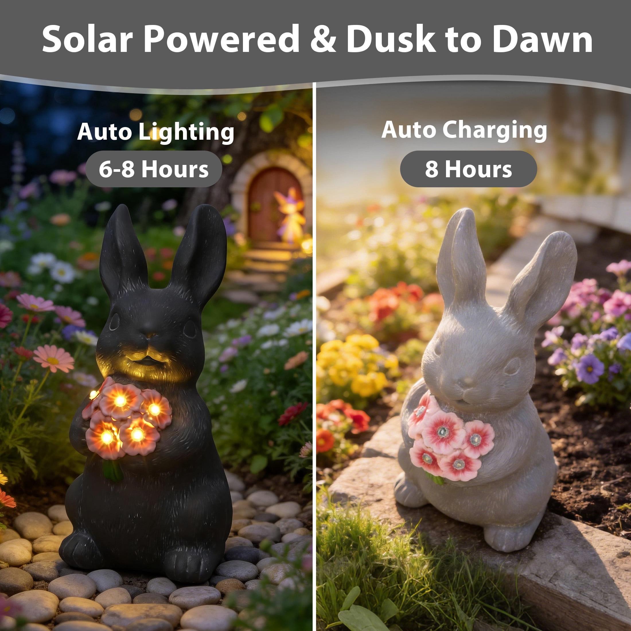 The Growing Ground Solar Bunny Garden Statue with LED Light, Resin Garden Decor for Patio, Lawn, Gray and Pink
