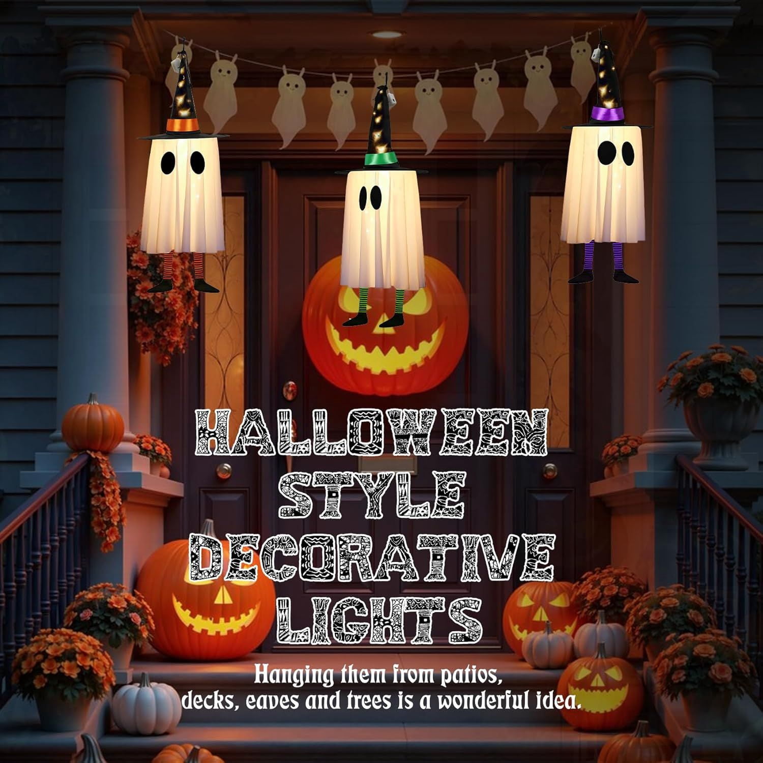 3 Pack Light Up Witch Hat Decorations with Floating Design for Halloween