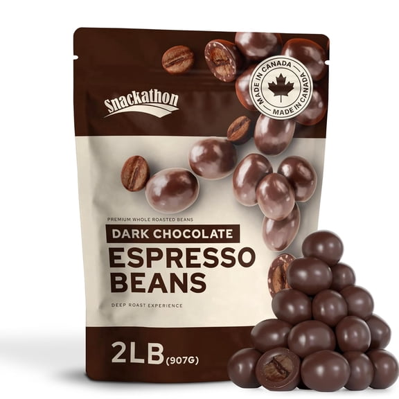Snackathon Dark Chocolate Covered Espresso Beans, 2 LB Resealable Bag, Rich & Bold Gourmet Candy Snack for Coffee Lovers