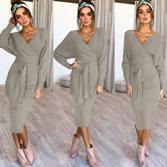 symoid Maxi Dress for Women- Fashion Knitted Long Sleeve V-Neck Hip Wrap Warm Sweater Dress Gray XL